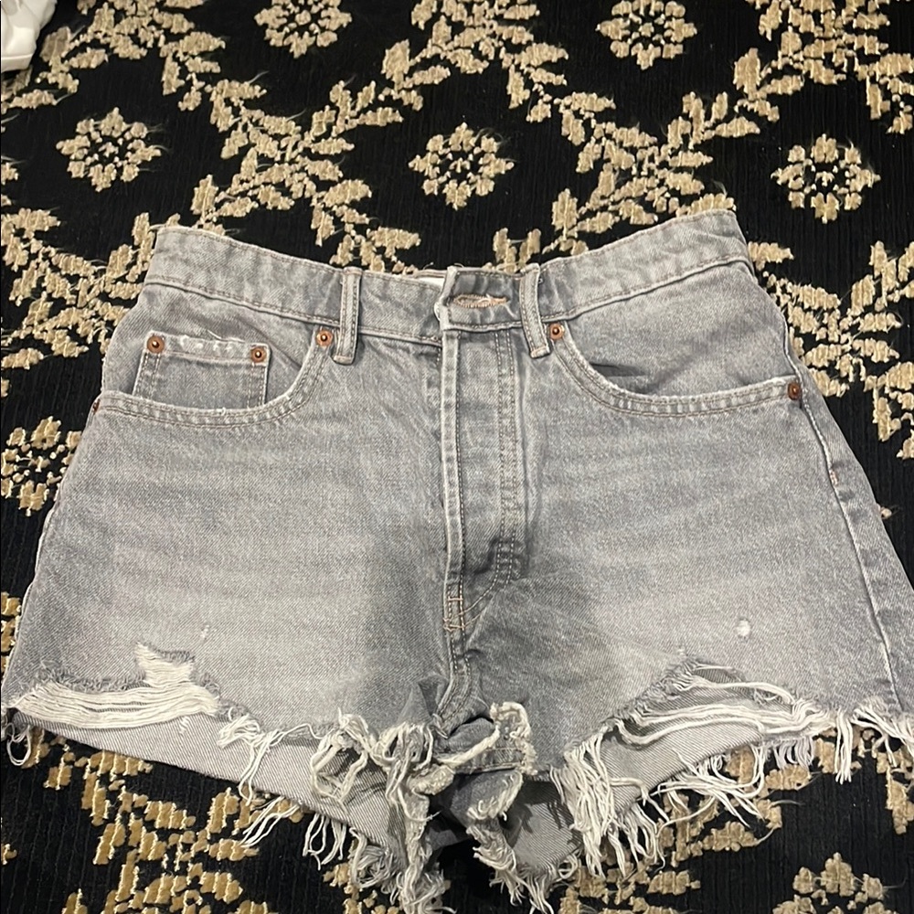 Zara Gray Jean Shorts Distressed Frayed Hem